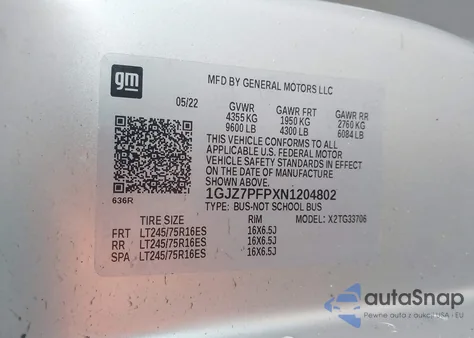 2022 GMC Savana Passenger Rwd 3500 Extended Wheelbase Lt z USA, uszkodzony, nr VIN 1GJZ7PFPXN1204802